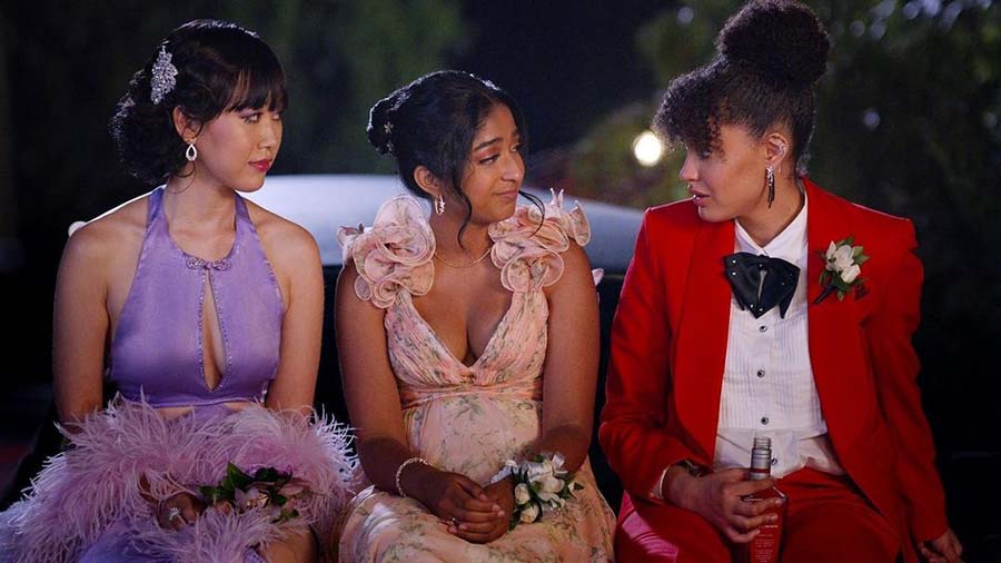 (L-R) Elanor (Ramona Young), Devi (Maitreyi Ramakrishnan) and Fabiola (Lee Rodriguez) will be seen attending the prom at Sherman Oaks High School one last time. 