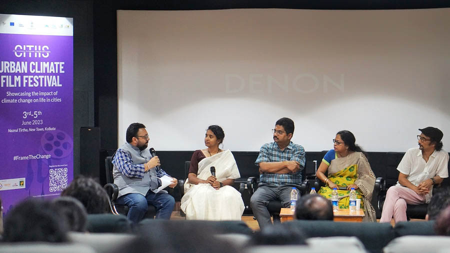 A panel discussion on cinema’s role in climate featured (L-R) Sabyesachi Bharti, Farha Khatun, Dr Rajarshi Mitra, Moumita De Das and Anirban Datta