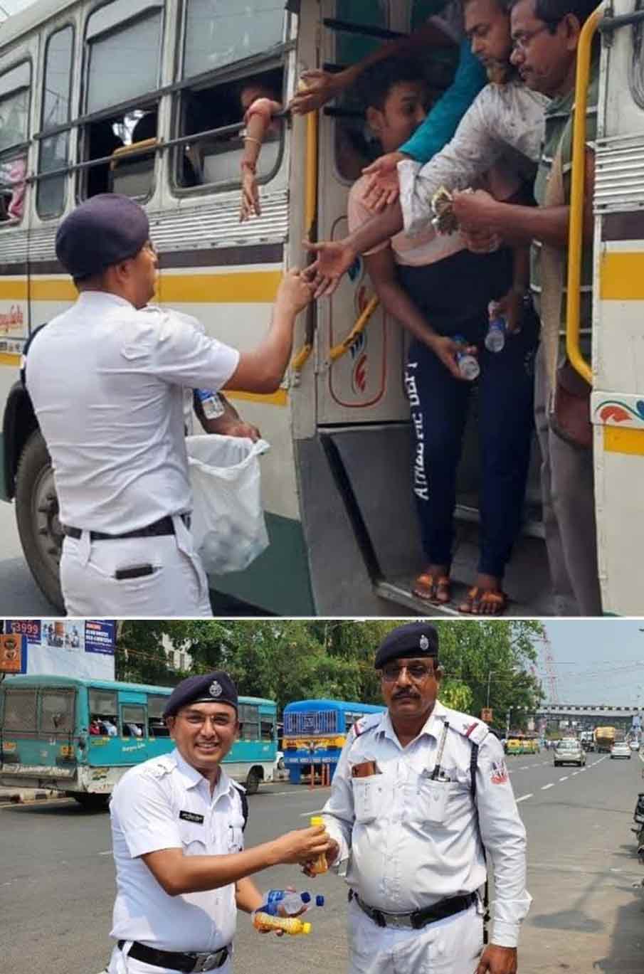 In order to combat the intense heat, police personnel at the Airport PS distributed drinking water to traffic cops and others. Gaurav Sharma, IPS, CP @bidhannagarpc and other senior officers were present     