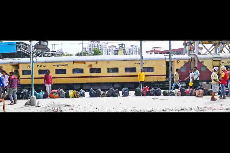 Bags of commuters who would board the unreserved coaches of the Coromandel Express on platform 2 at Shalimar station on Wednesday afternoon. 