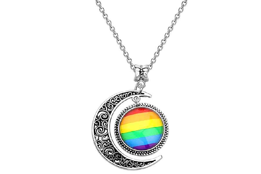 Wear your love on your neck! This beautiful Pride Rainbow necklace is made of alloy crescent moon and a rainbow charm pendant. A beautiful gift for your loved one and to show pride in confessing your love to others, the necklace comes in a graceful velvet pouch, ready to be given as a gift. Rs 3,254 @amazon.in