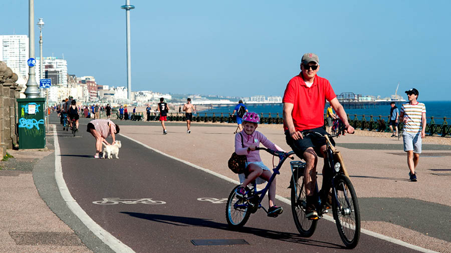 The seafront route from Brighton to Hove has dedicated cycle lanes, bathers’ pavilions and spotless pavements 