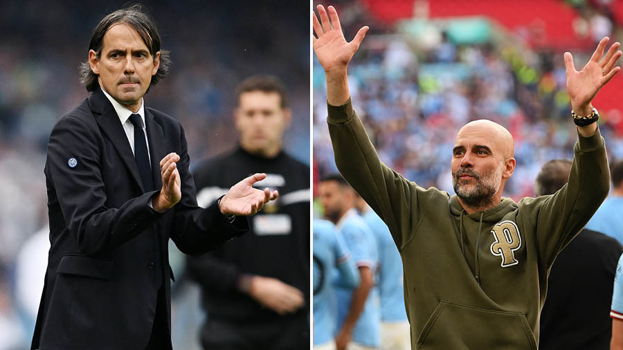Inter Milan coach Simone Inzaghi and (right) Pep Guardiola of Manchester City