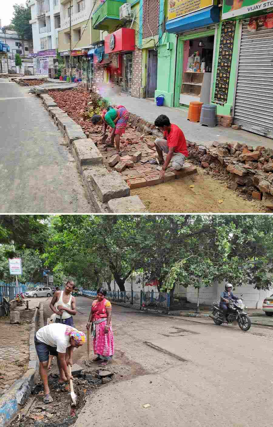 Road repairing and widening work underway near (top) Lake Market and (above) Golpark area on Saturday afternoon. However, Kolkata police have requested the Kolkata Municipal Corporation to complete road repairs before schools reopen in mid-June