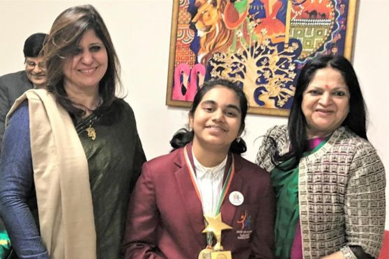 Gauri Mishra with Dr.(Mrs.) Amita Chauhan, Chairperson, Amity International Schools and Mrs. Arti Chopra, Principal, Amity International School, Sector-46, Gurugram