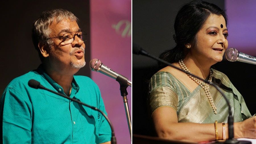 (Left) Srikanto Acharya recites a poem and (right) Bratati Bandyopadhyay reciting a poetry on stage