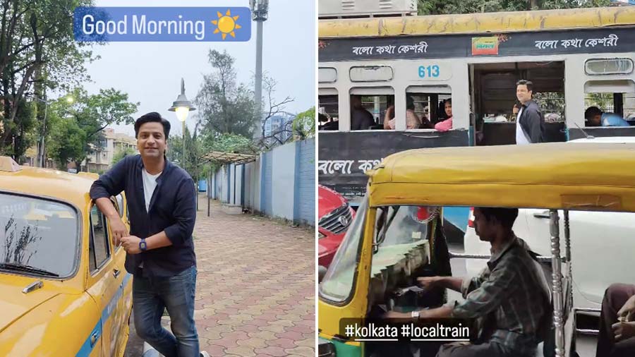 Chef Kunal Kapur in front of a yellow cab in Kolkata, and (right) on a Kolkata tram