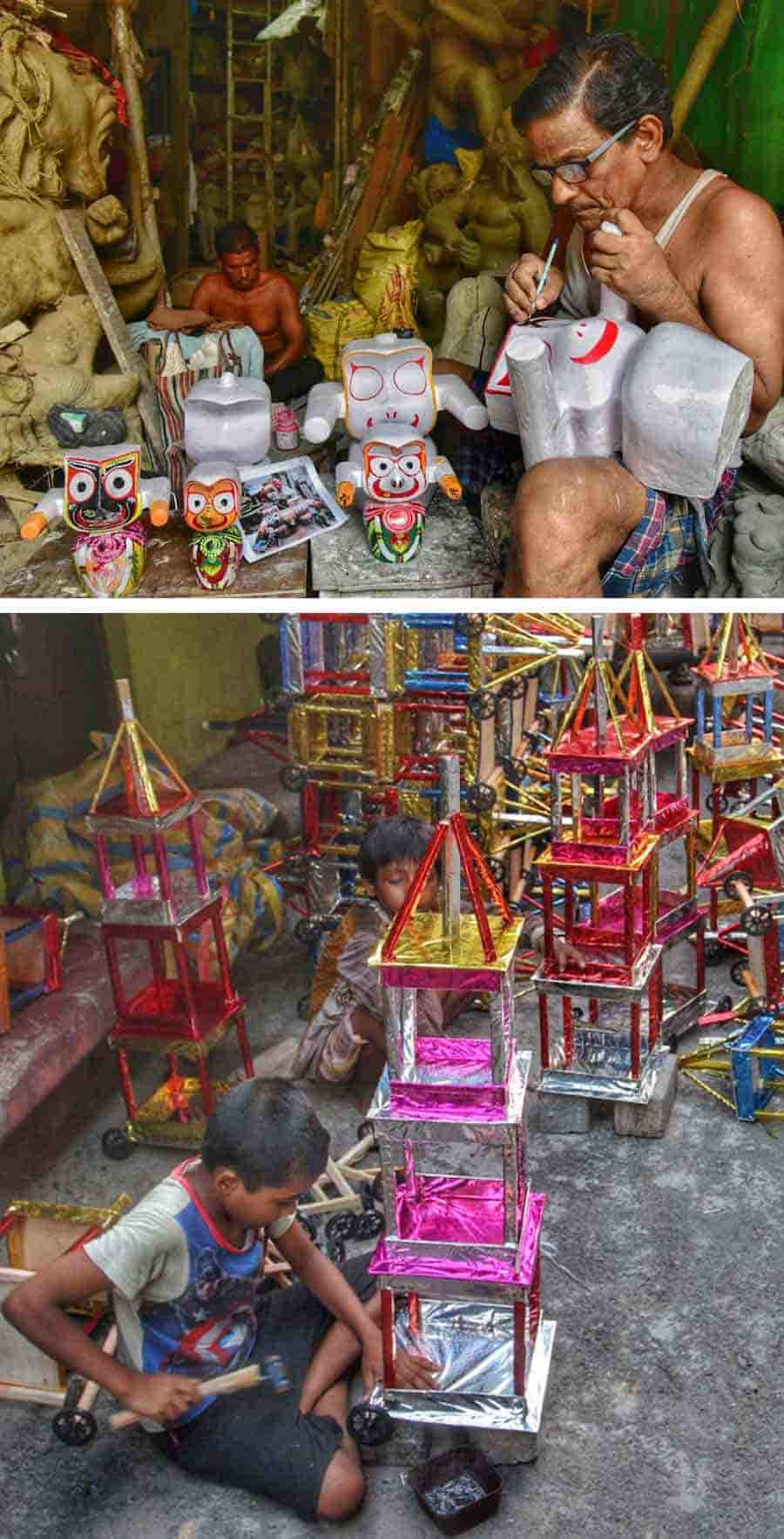 Ahead of Rath Yatra, an artist is seen adding finishing touches to idols of Lord Jaganath. Small raths are also being readied for the festival on June 20  