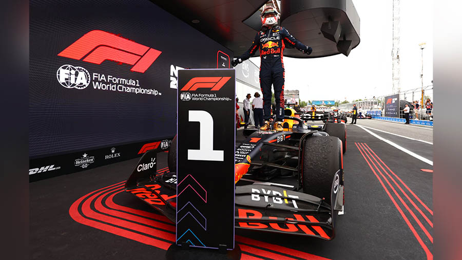 Max Verstappen of Red Bull Racing celebrates after winning the 2023 Spanish Grand Prix in Barcelona