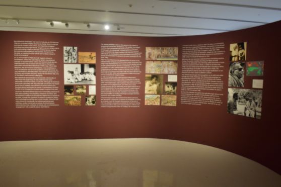 The entrance to the exhibition illustrates the life of BenodeBehari Mukherjee, tracing his journey as a socially aloof child with congenitally impaired vision to his becoming one of the leading exponents of Modern Bengal Art.