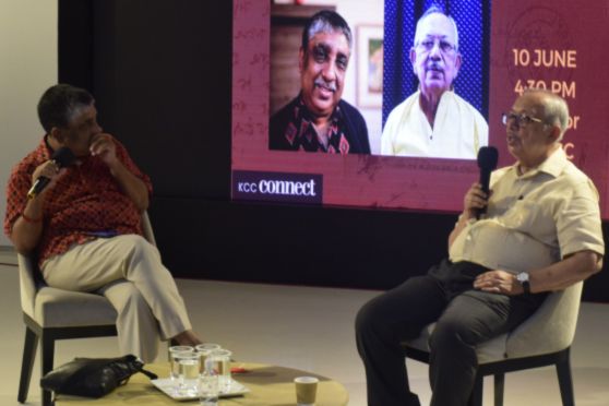 Dr Debasis Bhattacharya (right), in conversation with Debdutta Gupta, reminisced the time spent with his grandfather BenodeBehari Mukherjee, at an evening session on 10 June 2023. This was the first of the three discussions held that evening by Kolkata Centre for Creativity in collaboration with Gallery Rasa, with The Telegraph Online Edugraph as the digital media partner of the event.  