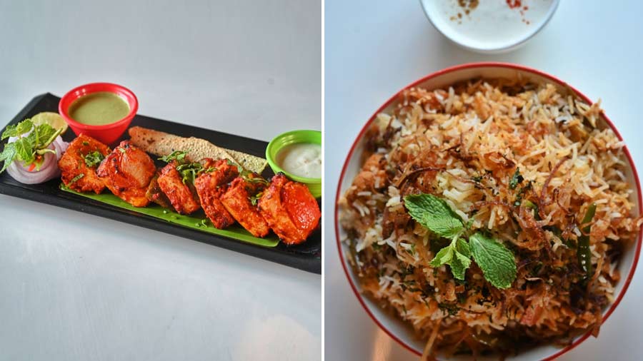 L-R: Kute Mirchi Ki Paneer Tikka, and Veg Hyderabadi Biryani