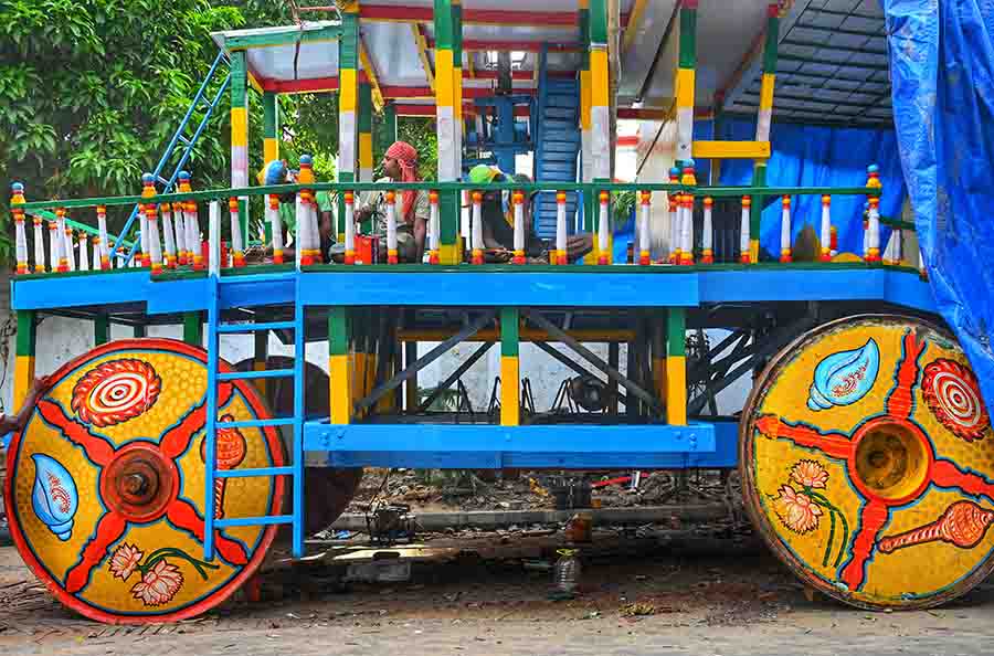Rath Yatra preparations in full swing at ISKCON. Last-minute finishing touches are being given to a chariot ahead of 'Rath Yatra' festival which will be celebrated on June 20  