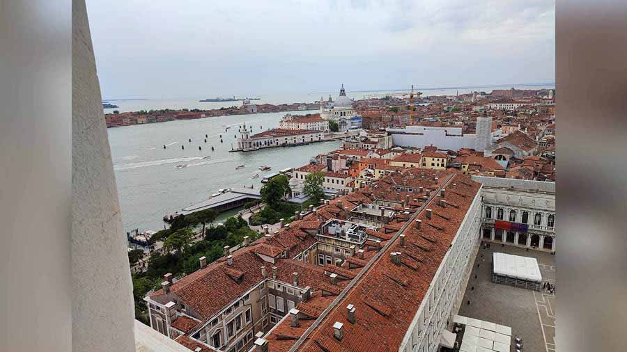 A bird’s-eye view of Venice from atop a bell tower