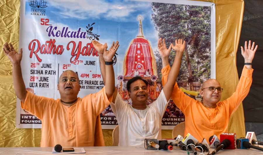 Monks and officials of Iskcon House at Gurusaday Road address the media ahead of Kolkata Rath Yatra on Saturday
