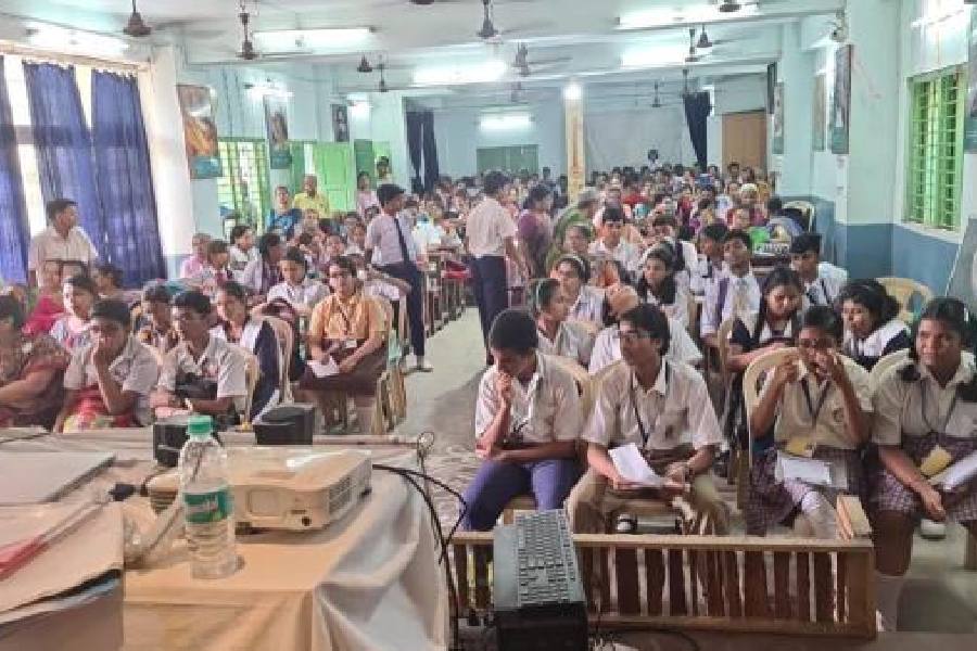 Students at the science and environment awareness event at Santoshpur Rishi Aurobindo Balika Vidyapith on Saturday