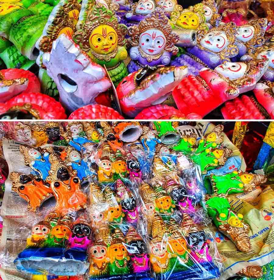 The miniature idols of Jagannath,  Balaram and Subhadra also come in different colours. While there are options for three idols on a single pedestal, separate idols of the deities are also available. Dhar pointed to one set of idols and said, 