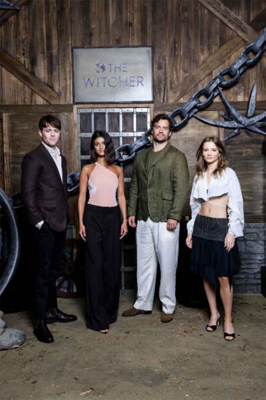 (L-R) Joey Batey, Anya Chalotra, Henry Cavill, Freya Allan at The Witcher  corner.