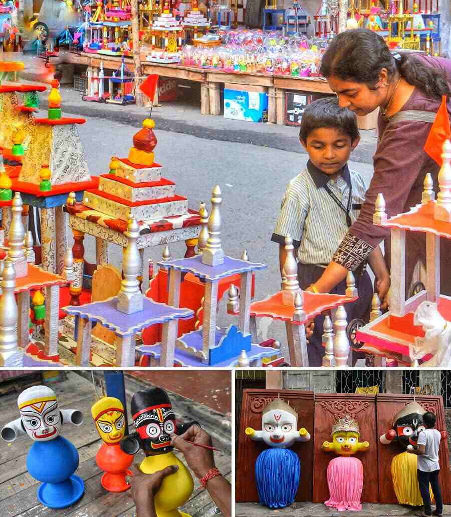 People buy raths and preparations for this year’s Rath Yatra are in full swing in the city. The idols are being given final touches  