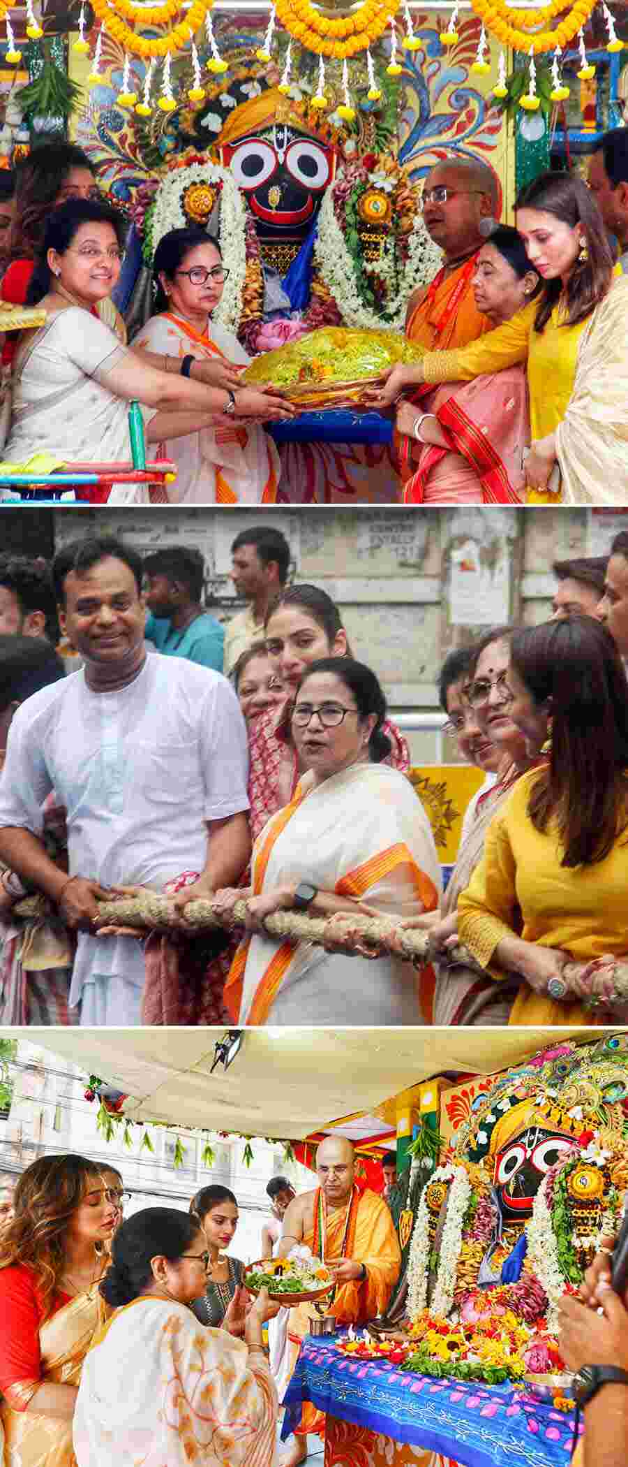 Chief minister Mamata Banerjee along with eminent Odissi dancer Dona Ganguly, TMC MP Mimi Chakraborty and other dignitaries at the procession 