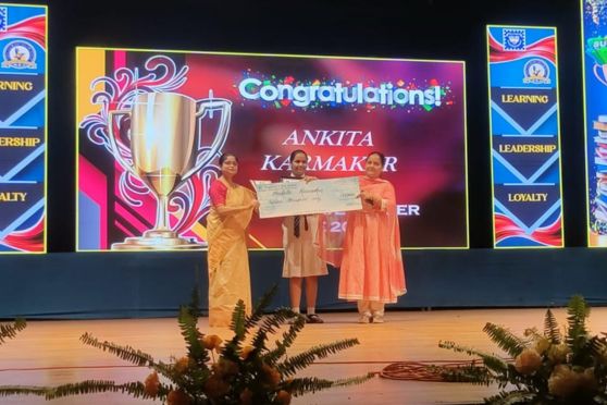 Ankita Karmakar (ICSE School Topper 2023) and her mother felicitated with awards by Vice Principal, Ms Shweta Ray.