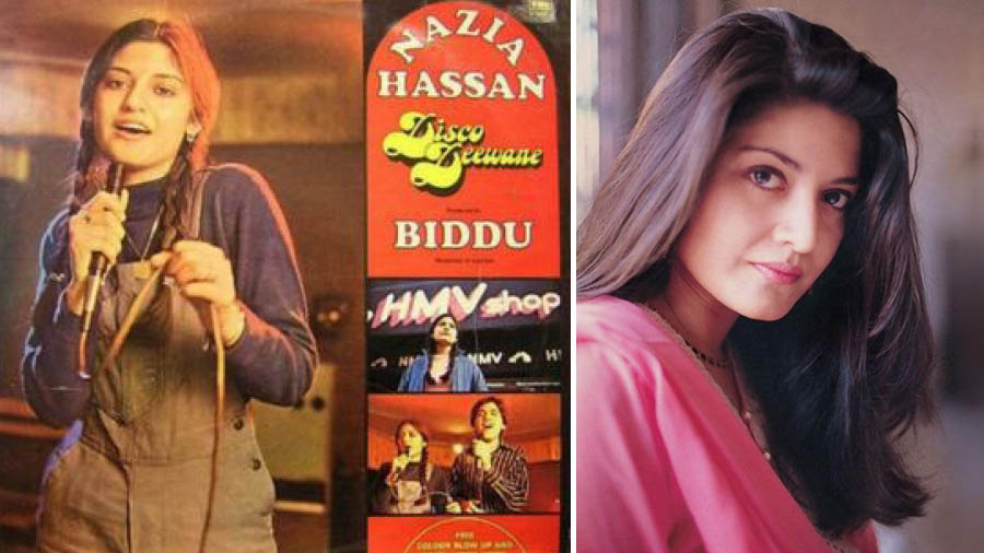 Nazia Hassan int he iconic image right after 'Aap jaisa koi' and (right) the singer in later years
