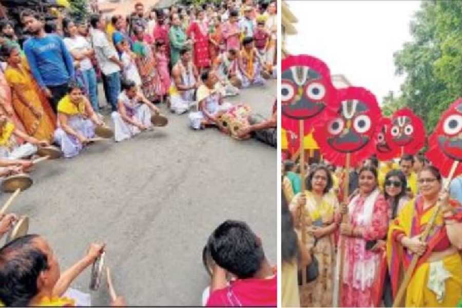 Naam sankirtan at the start of the procession (left);Women carry hand fans with Jagannath motif