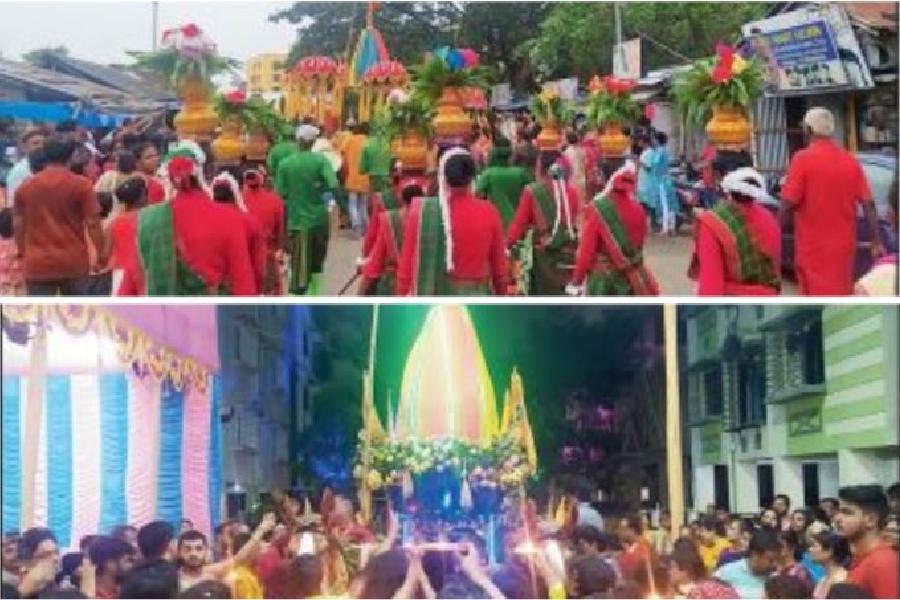A colourful procession follows the chariots in New Town (above); Devotees greet the divine siblings on their arrival in CC Block