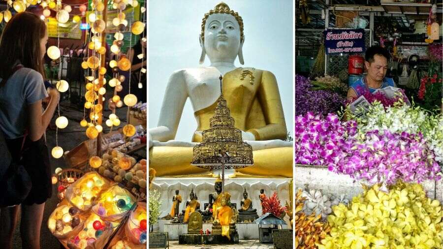 L-R: A stall selling lights at Wua Lai Walking Street, the towering Buddha statue at Wat Phra Doi Kham, and the 