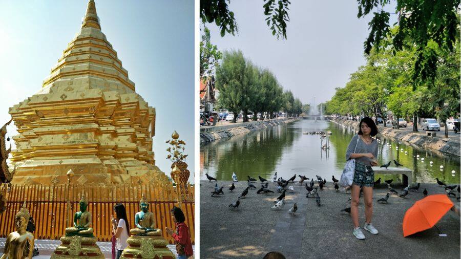 Wat Phra Doi Suthep, and (right) a park near the Tha Pae Gate, which has the historic fortifications from the Lan Na kingdom