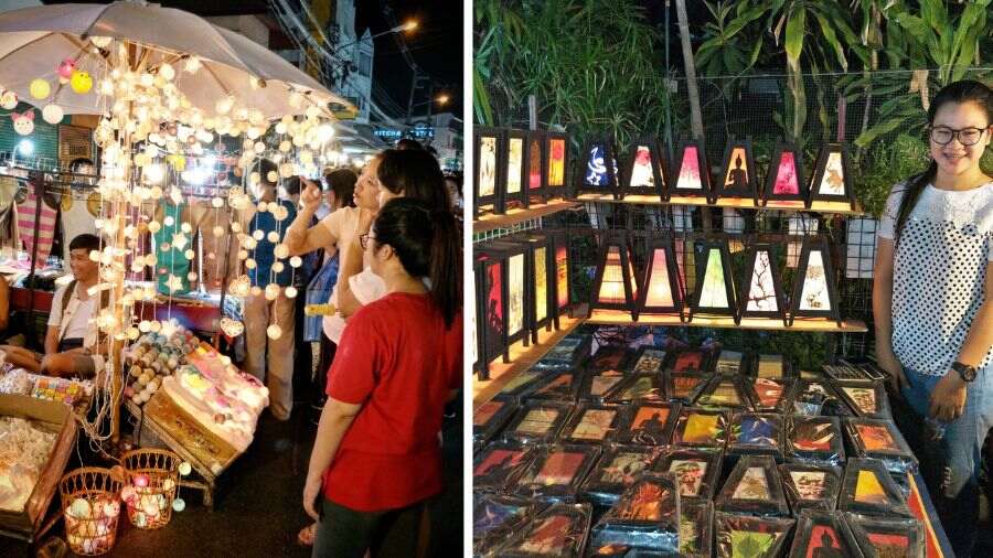 Stalls selling lights and handmade items at Wua Lai Walking Street
