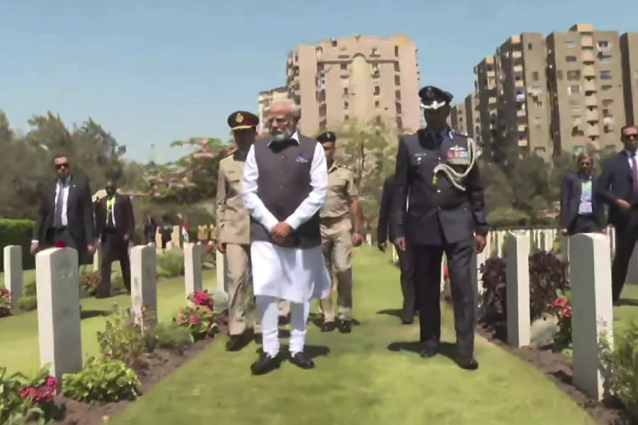 Modi offered floral tributes and signed the visitor's book at the Cemetery that comprises the Heliopolis (Port Tewfik) Memorial and the Heliopolis (Aden) Memorial. The Heliopolis (Port Tewfik) Memorial commemorates nearly 4,000 Indian soldiers who died fighting in Egypt and Palestine in the First World War.