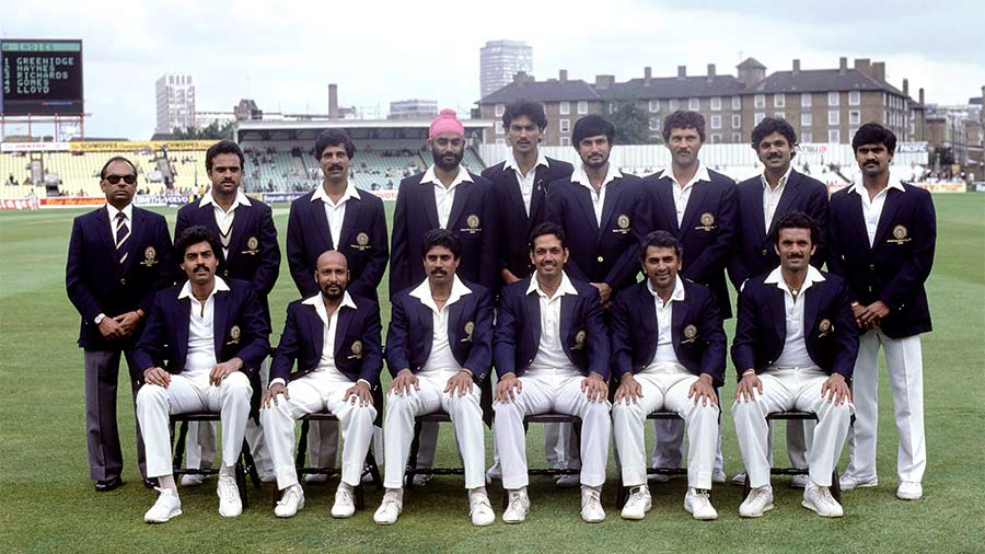The India World Cup Winning squad pictured ahead of the 1983 Cricket World Cup group Match between India and West Indies at the Oval on June 15, 1983