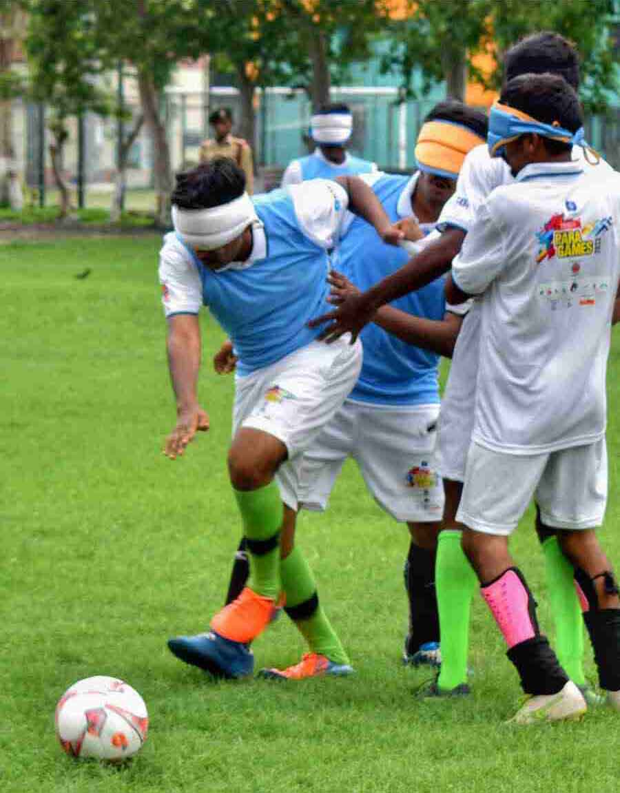 A football match in progress during the Para Games 2023 for the visually impaired at the Sports Authority of India’s ground  