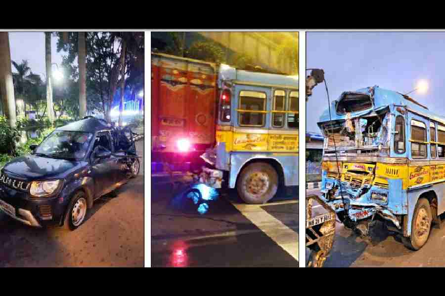 (l-r) The Maruti Ignis that the Rathis were travelling in. The car was hit by a private bus at Lake Town’s Clock Tower traffic signal on VIP Road early on Monday, The private bus after it crashed into a stationary truck at Dakshindari, near Ultadanga,  The private bus, which hit the Maruti Ignis, being towed away early on Monday