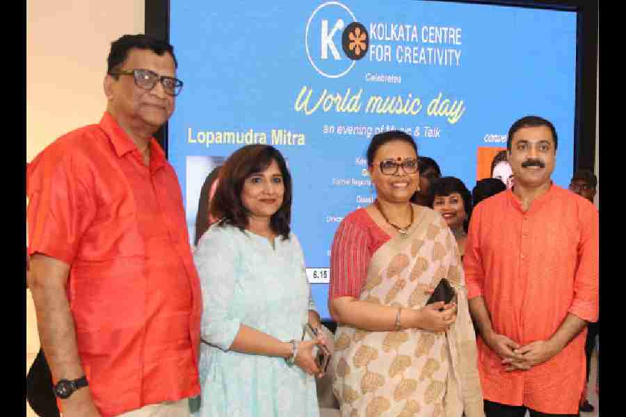(L-R) Goutam De, former director, ICCR, Reena Dewan, director of Kolkata Centre for Creativity (KCC), Lopamudra Mitra and Tanmoy Chakraborty, moderator, A Musical Journey with Lopamudra Mitra organised by Kolkata Centre for Creativity.  “We successfully presented ‘A Musical Journey with Lopamudra Mitra’ at KCC where music aficionados experienced the magic of her soul-stirring songs and engaged in insightful conversations with the artiste. Lopamudra’s music has touched the hearts of millions, and we are honoured to have hosted her for an evening in celebration of World Music Day and her remarkable contribution to the music industry,” said Reena Dewan.Rohini Chakraborty Pictures: The organisers