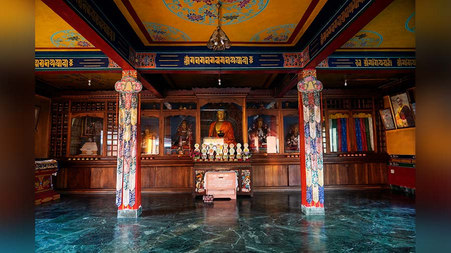 Interiors of the main prayer hall of Kagyu Thekchen Ling Monastery at Lava 