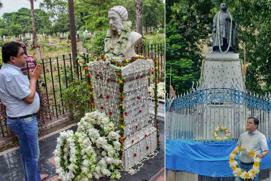 On Thursday, West Bengal education minister, Bratya Basu, paid tribute to Michael Madhusudan Dutta on his 150th death anniversary at the Mullick Bazar burial ground, and (right) in another programme, the education minister paid tribute to Sir Ashutosh Mukherjee on his 159th birth anniversary in front of Victoria House