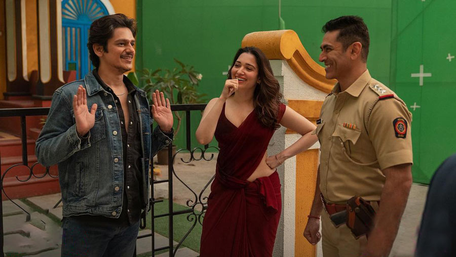 (L-R) Vijay Varma, Tamannaah Bhatia and Tarun Khanna caught in a candid moment on the sets of Lust Stories 2. 