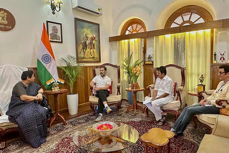 Congress leader Rahul Gandhi interacts with Manipur Governor Anusuiya Uikey during a meeting, at the Raj Bhavan in Imphal, Friday, June 30, 2023. Congress leader KC Venugopal is also seen.