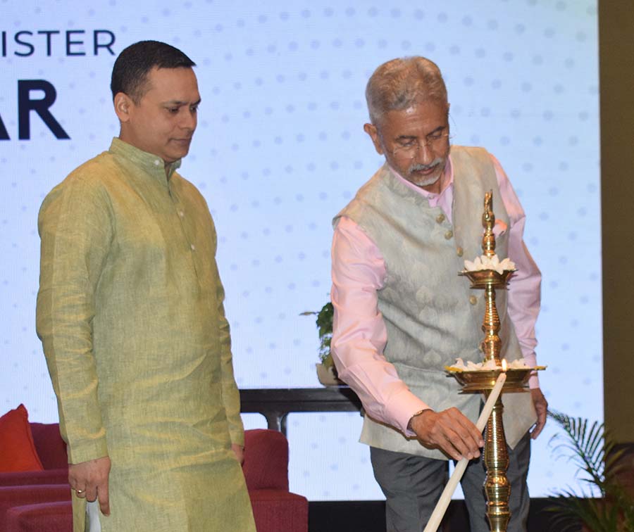 Union external affairs minister Dr S Jaishankar lights a lamp at the ‘Business Opportunities for a Globalizing India’ event in Kolkata on Friday