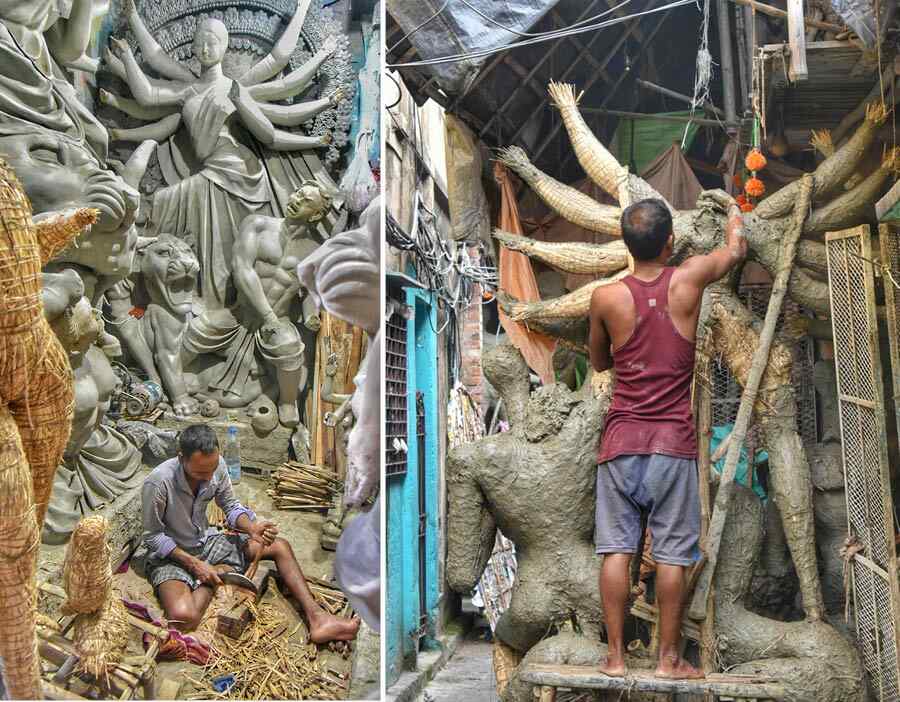 With 111 days left for Durga Puja 2023 to start, it’s a busy time for artisans at Kumartuli in north Kolkata on Friday