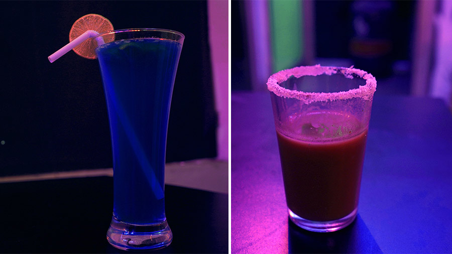 Jamun Shots (right) is not the usual mocktail, but a unique mix of the sour tartness of jamun and the sugary sweetness from the glass rim. “Jamun shots are a rare find in Bengal,” says Avishek. The fresh and lemony Blue Lagoon (left) scores as a summer cooler