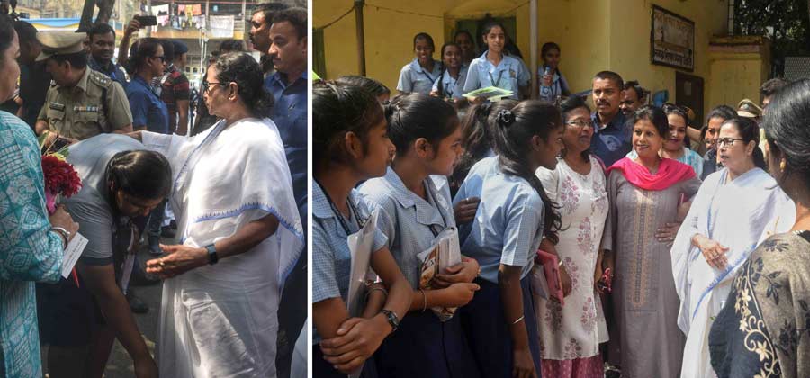 Chief minister Mamata Banerjee interacts with students at United Missionary Girls School before the Madhyamik History exam on Wednesday