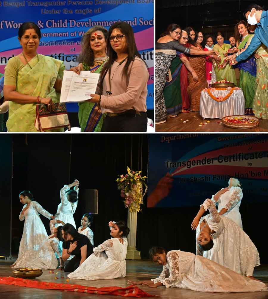 Shashi Panja, West Bengal minister of women and child development and social welfare and chairperson of the West Bengal Transgender Persons Development Board; Manabi Bandyopadhyay and Sudeshna Roy of the women's commission hand over certificates and identity cards to transgender persons at a programme organised by the West Bengal Transgender Persons Development Board under the women and child development and social welfare department at Rabindra Sadan on March 1 at Rabindra Sadan. The programme was inaugurated by scattering of flower petals on water by the dignitaries in attendance. Cultural programmes were also a part of the evening