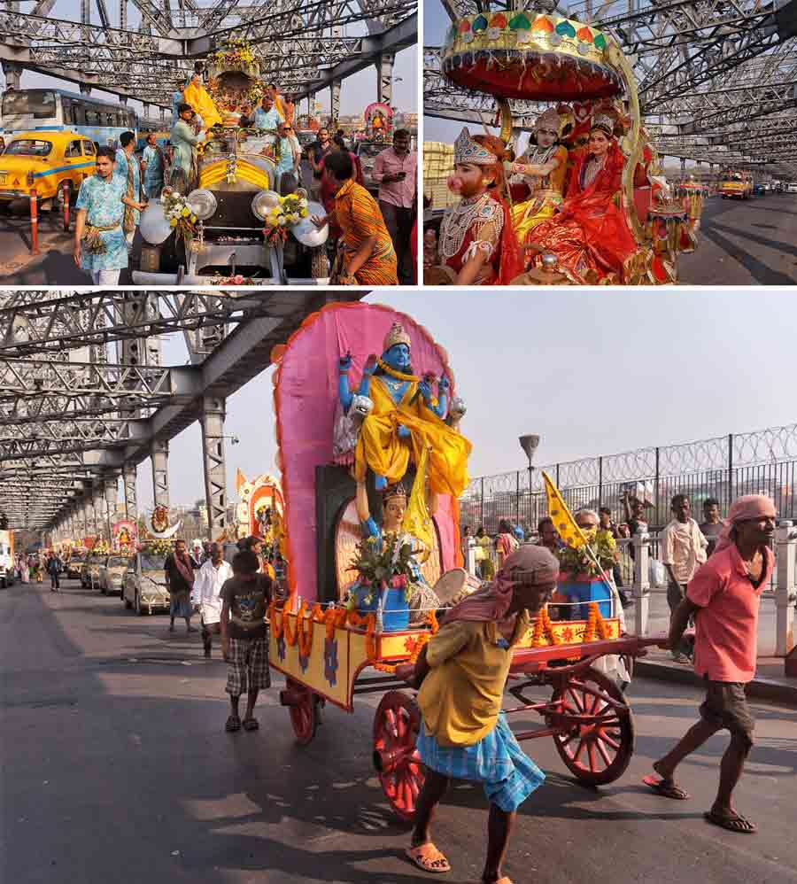 A procession from Satyanarayan Bhagwan Mandir, Burrabazar, to Mukhram Kanoria Street, Howrah, to celebrate Falgun Utsav. A vintage Rolls Royce was a part of the procession 