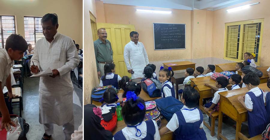 Kolkata Municipal Corporation councillor Sandipan Saha, along with other members of the education department, interact with students during an inspection of KMCP schools in Wards 137, 138 and 139