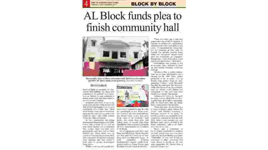 A report dated September 8, 2017 in these pages on the unfinished community hall