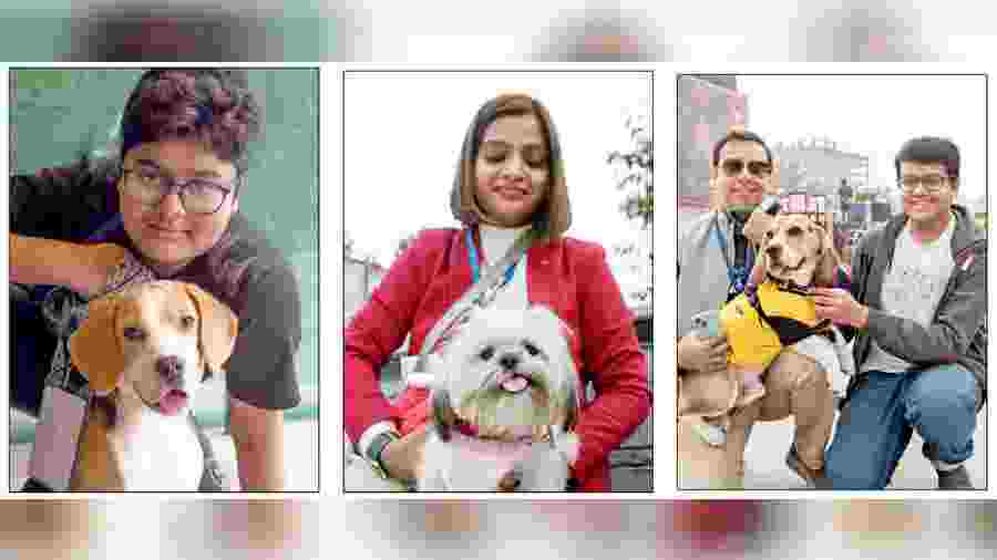 Shubham Dave, the youngest owner, with Snowy; Babli Guha with her Lhasa Apso Pixie; visitors pose with Putiram