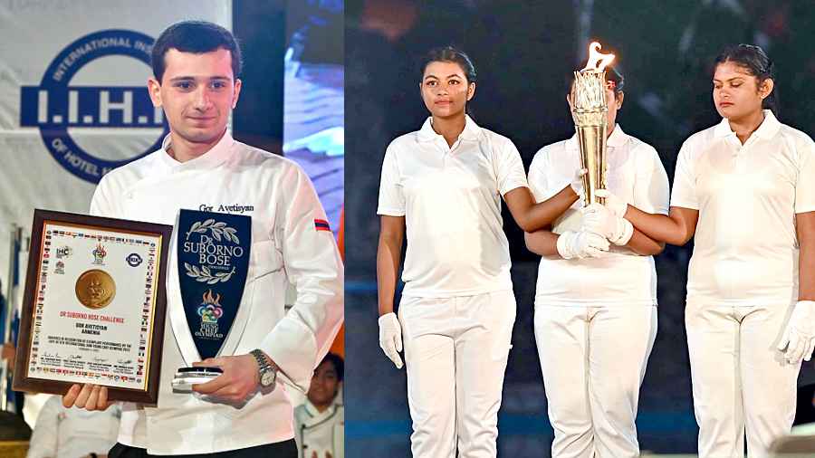 (l-r) Gor Avetisyan from Armenia won the Dr Bose Challenge trophy,Students of IIHM walked up to the stage with the YCO torch at the beginning of the ceremony